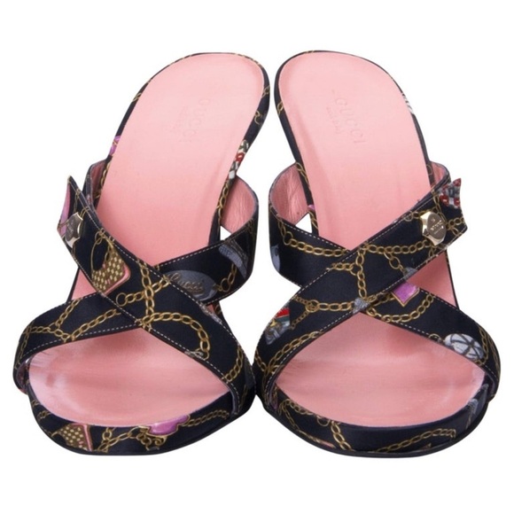 GUCCI Tom Ford For Gucci Vintage Chain Logo Satin Slide Heels size 7 - Picture 14 of 16